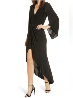 MISA Los Angeles Teget High Low Knotted Twist Front Draped Maxi Dress